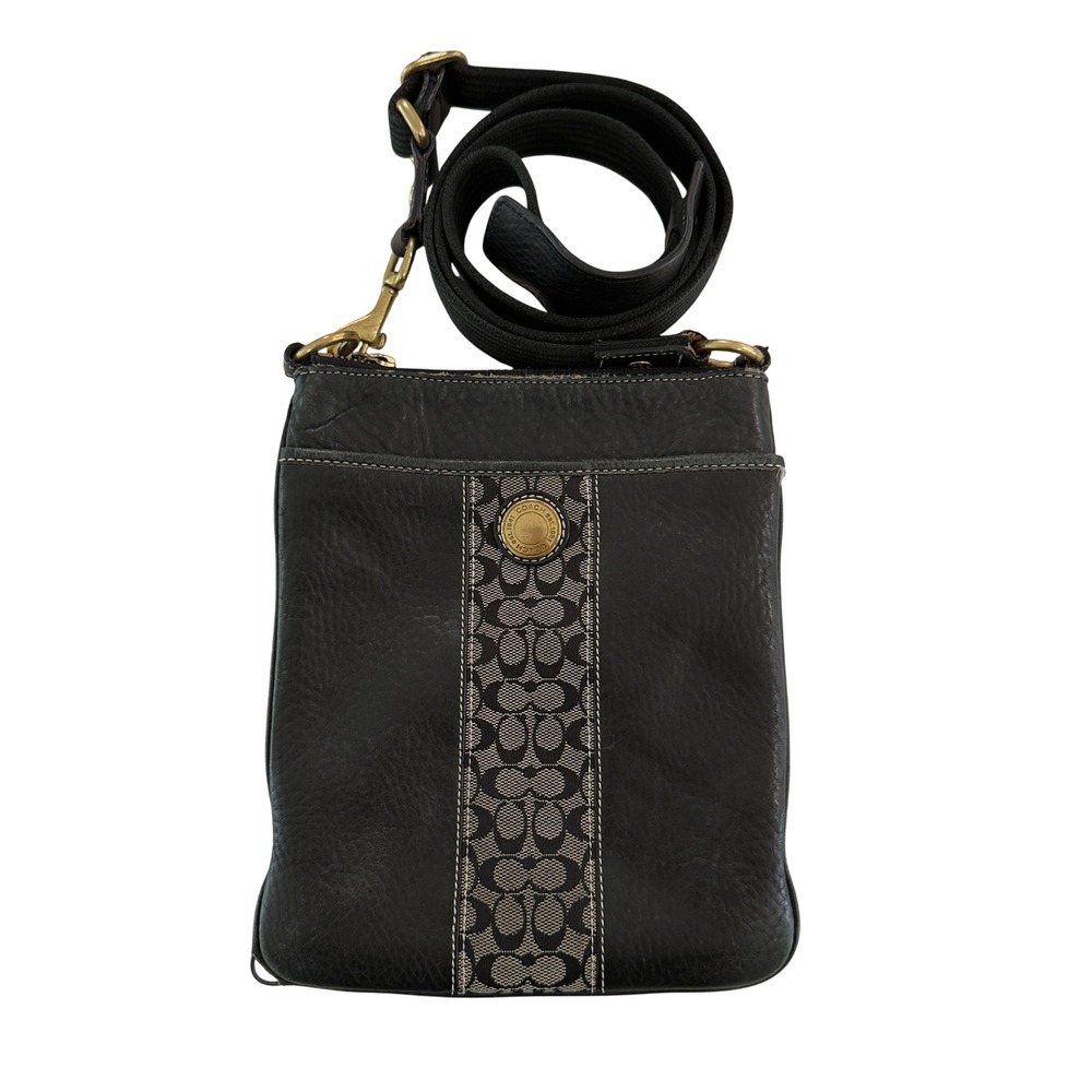 Modern Womens Small Coach Crossbody Bag Black Signature Canvas Stripe Leather